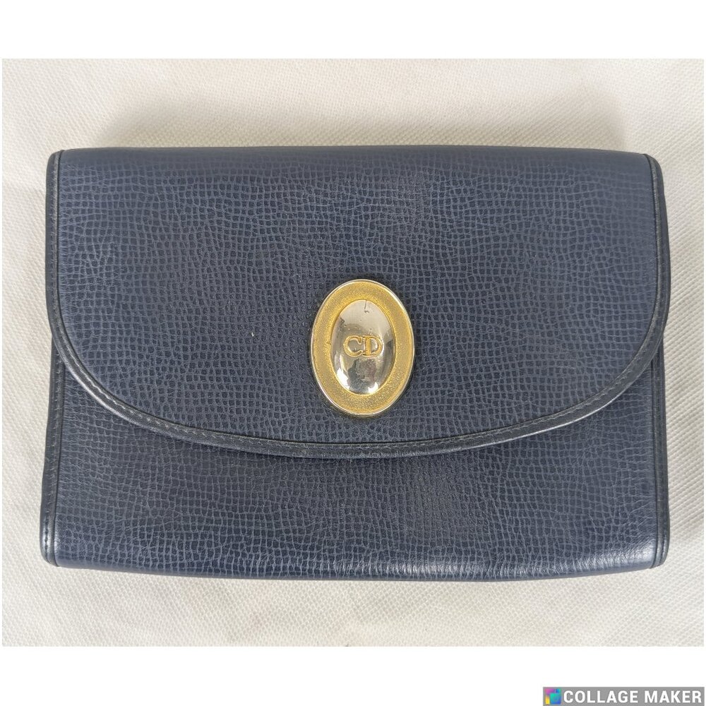 DIOR Vintage Monogram Key Holder Leather Crossbody Blue Zipper Long WALLET